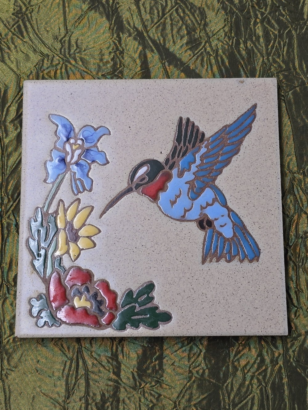 VTG Whipple & Sibley Hand Painted Hummingbird Hanging Tile or Trivet 6x6 Inches